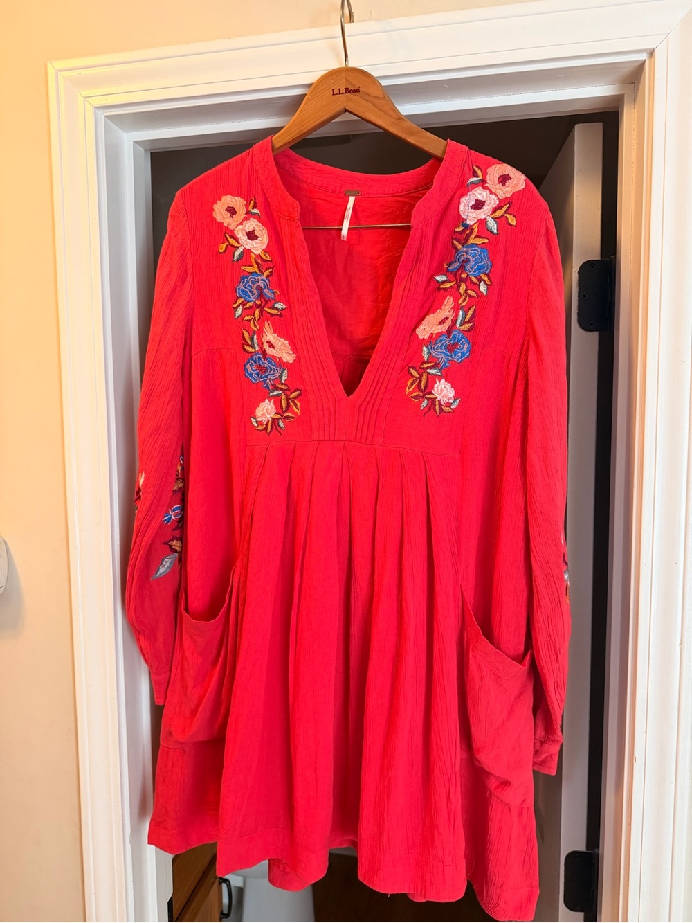 Free People Hot Pink Embroidered V-Neck Tunic